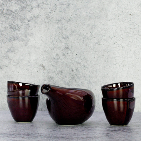 Urushi Lacquered Brown Ceramic Minoware Cold Sakeware Set