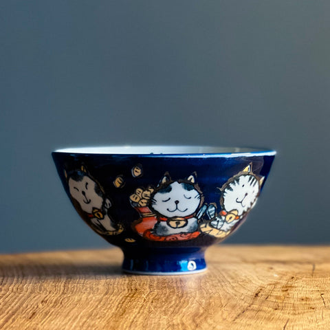 Kanekyu Seito Rice Bowl Blue Lucky Cat 126mm