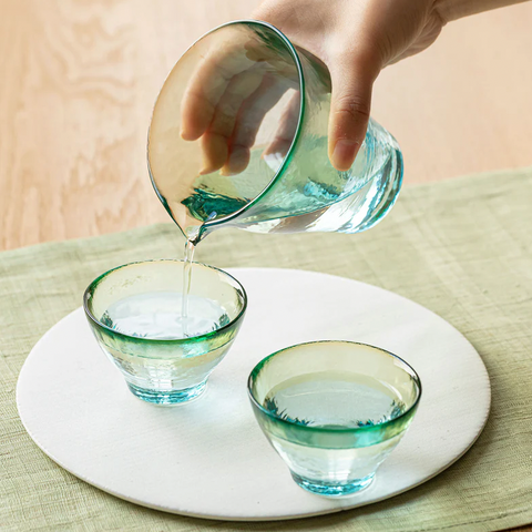 Aderia Handblown Shiraai Sake Set Blue, Green