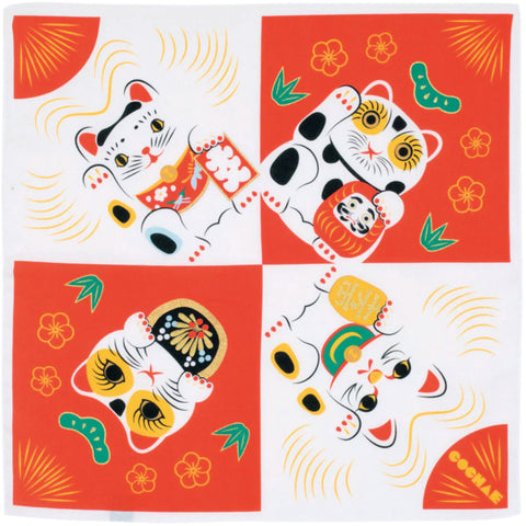 Furoshiki Cotton Wrap - Cochae Collab Red Lucky Cat 48x48cm