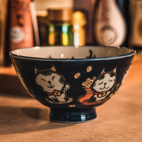 Kanekyu Seito Rice Bowl Blue Lucky Cat 126mm